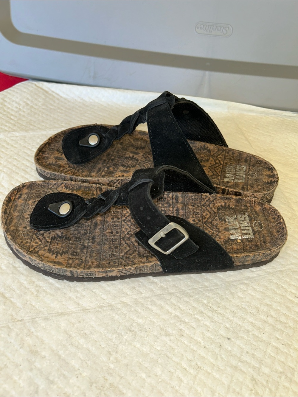 Muk Luks Black Suede Braided Toe-Post Sandals